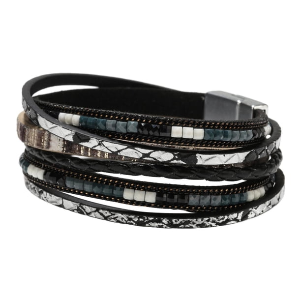 Pulsera de envoltura de cuero PU para mujeres Bohemio joyas decorativas decorativas regalo pulsera de capas múltiples pulsera de capas múltiples Negro