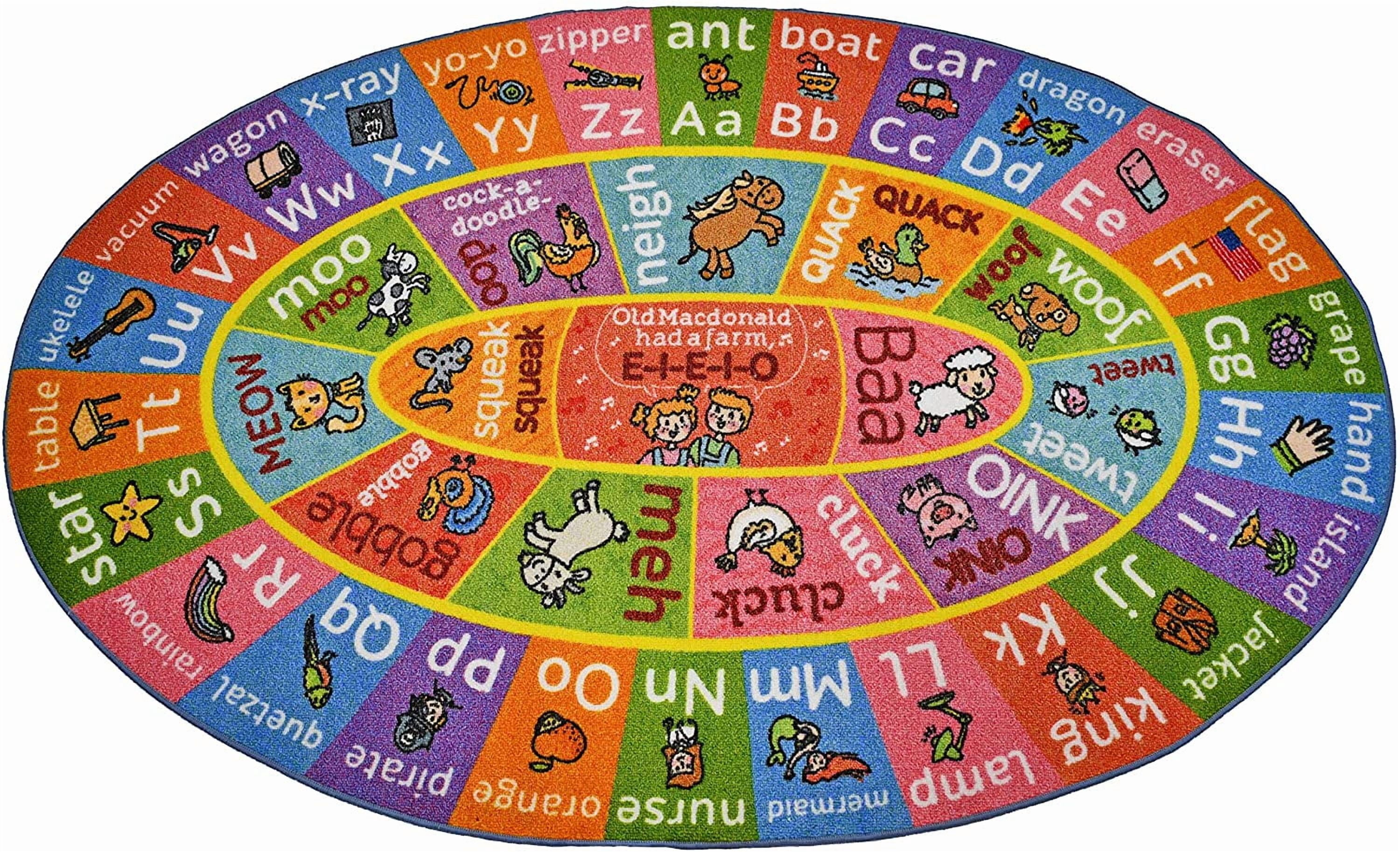 KC Cubs Playtime Collection ABC Alphabet with Old MacDonald's Animals Educational Learning & Game Oval Area Rug Carpet for Kids and Children Bedrooms and Playroom