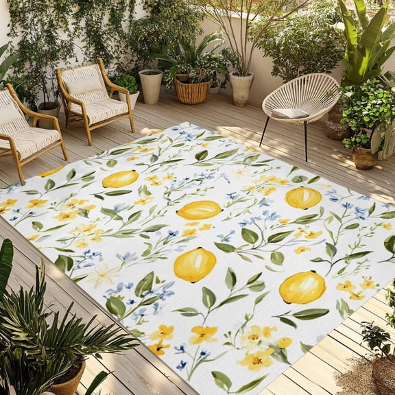 Farmhouse Yellow Outdoor Rug 4x6 ft Lemon Green Leaf Wildflowers Country Non Slip Patio Rug Washable Absorbent Large Outdoor Carpet Outside Mat for Porch RV Garden Camping