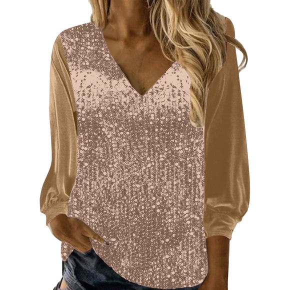 GDREDA Elegant Women's V Neck Sequin Shirt Long Sleeve Loose Fit Sparkly Blouse For Evening Party Rose Gold,S