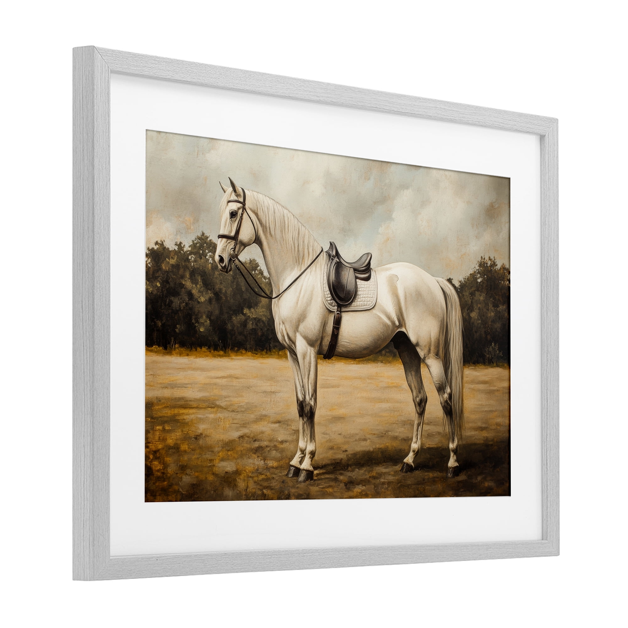 Stupell Industries White Mare with Saddle Gray Framed Print Under Glass, design by Petal Prints Design