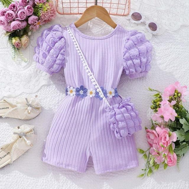 Small And Medium-sized Girls' Sleeve Ribbed Back Body Jumpsuit With Bag