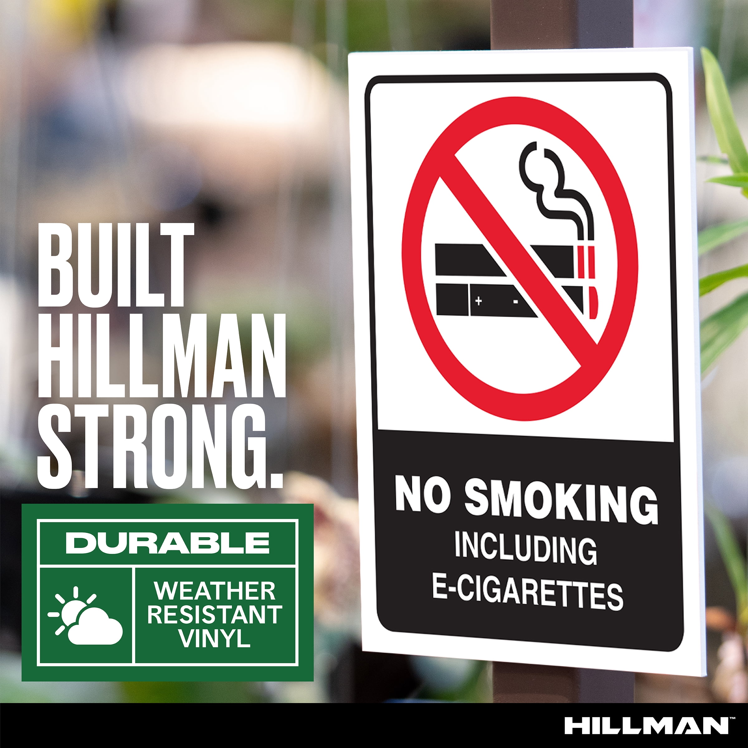 (3 pack) Hillman No Smoking or E-Cigs Sign with Symbol (4" x 6"), Vinyl, White, Black, and Red, 1 Sign