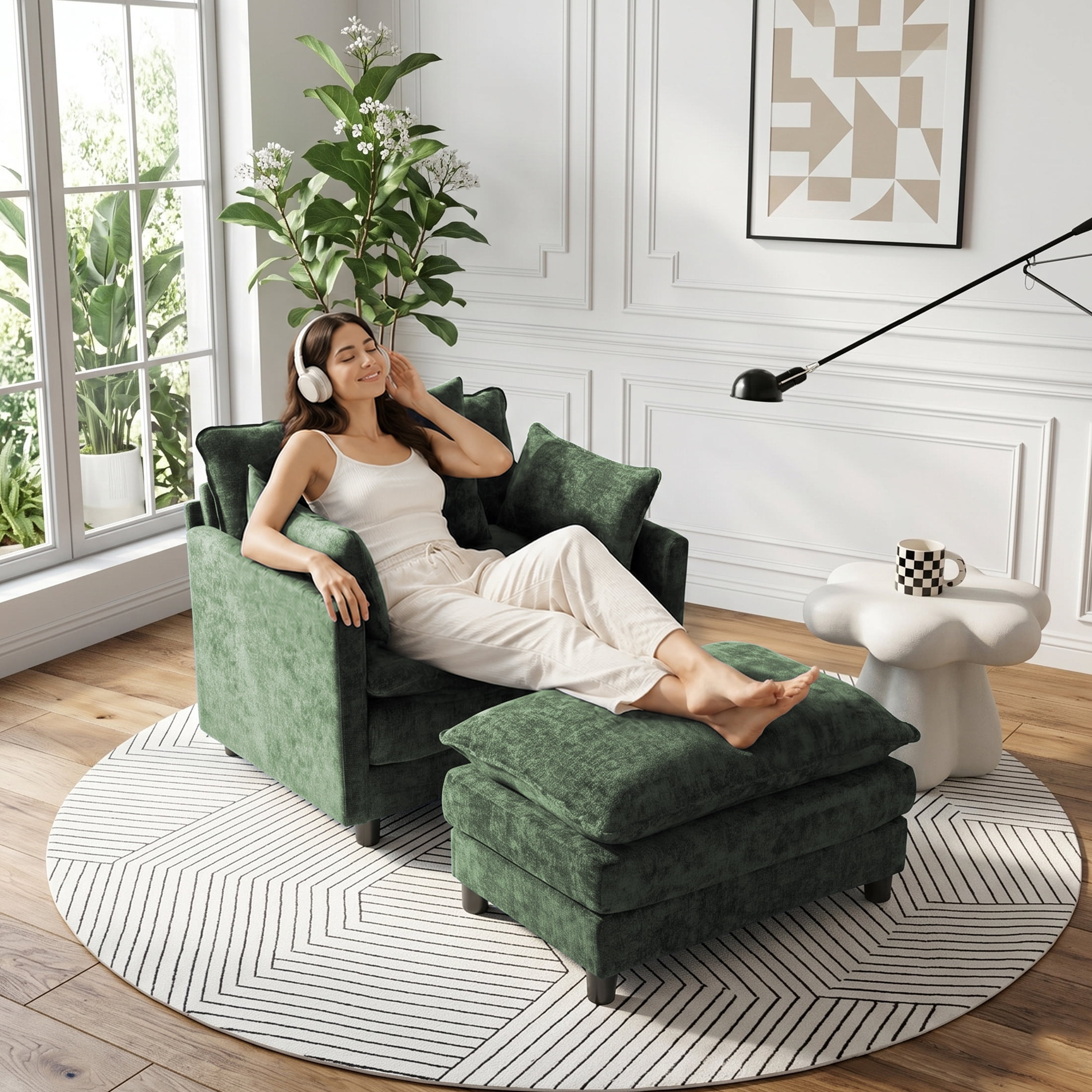 AISWORD Oversized Modular Sectional Sofa with Ottoman, Upholstered Deep Seat Chaise Lounge with Pillows for Living Room, Green