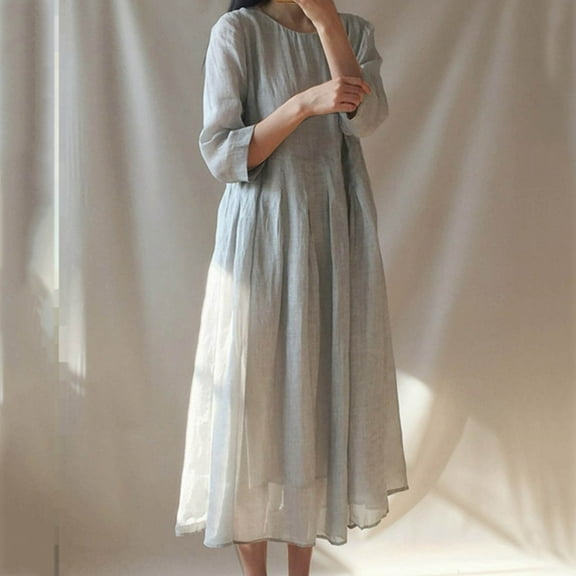 Aueoeo 3/4 Sleeve Dress for Women, Women Casual Loose Bohemian Dresses with Pockets Crewneck 3/4 Sleeve Fall Beach Swing Long Maxi Dress