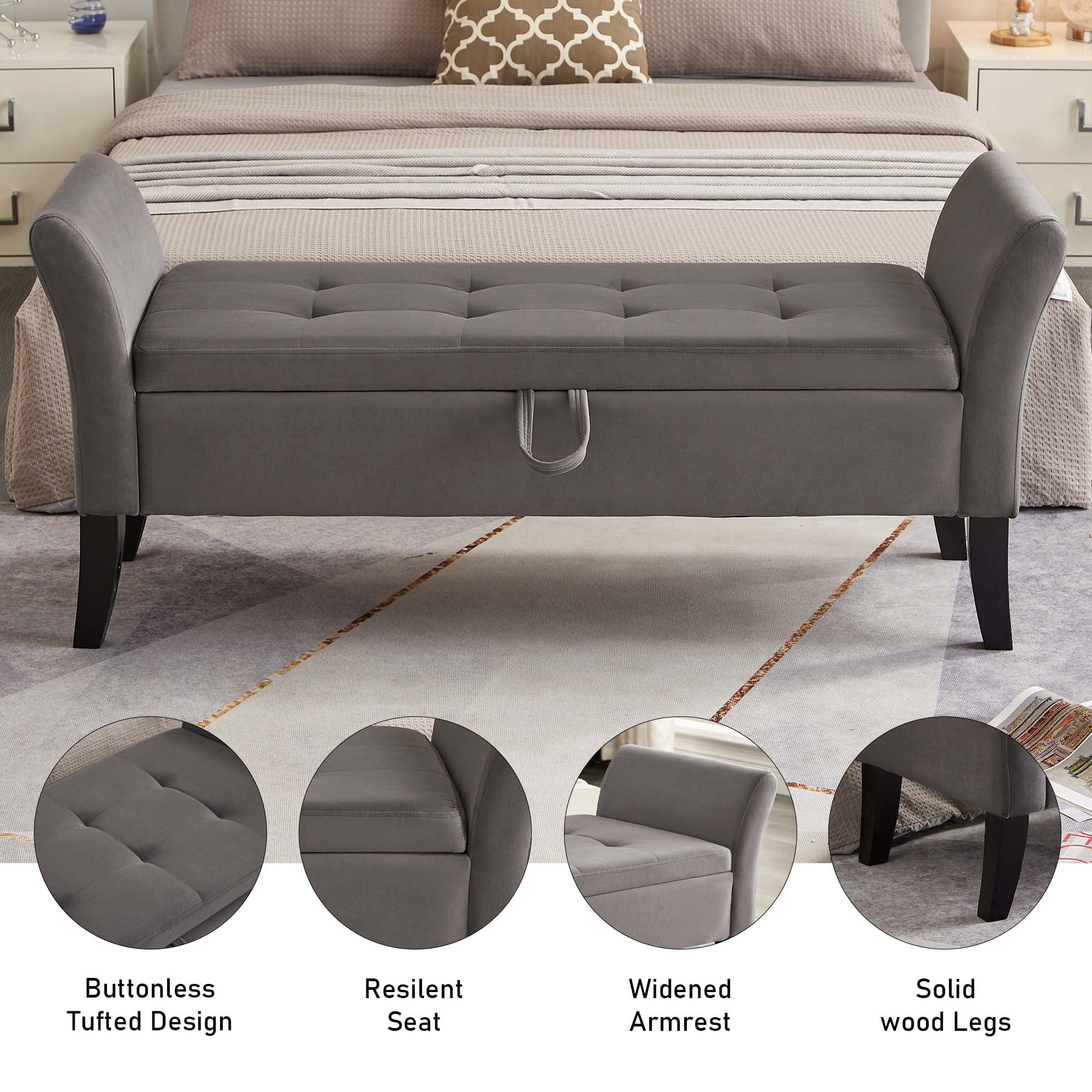 Aukfa End of Bed Bench with Curved Arms, 51.5" Velvet Tufted Upholstered Storage Ottoman Entryway Bench - Gray