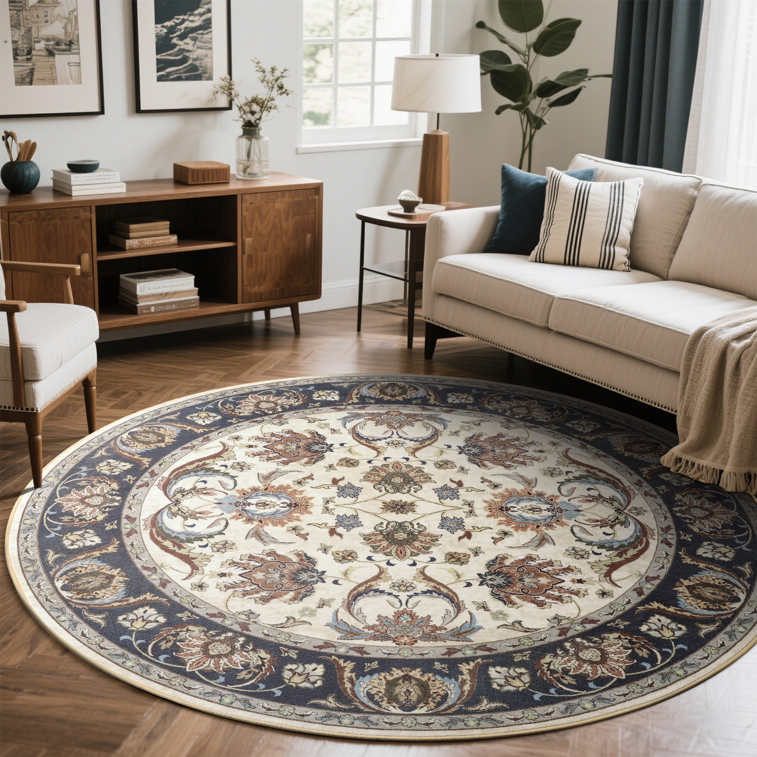 Cydiria Beige Round Persian Medallion Area Rug Floral Pattern Print Low-Pile Carpet for Living Room, 4' x 4'