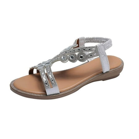 

QISIWOLE Sandals Women Bohemian Flat Soft Footbed Sandals Beach With Diamonds Low Heel Strap Diamonds Sandals Deals