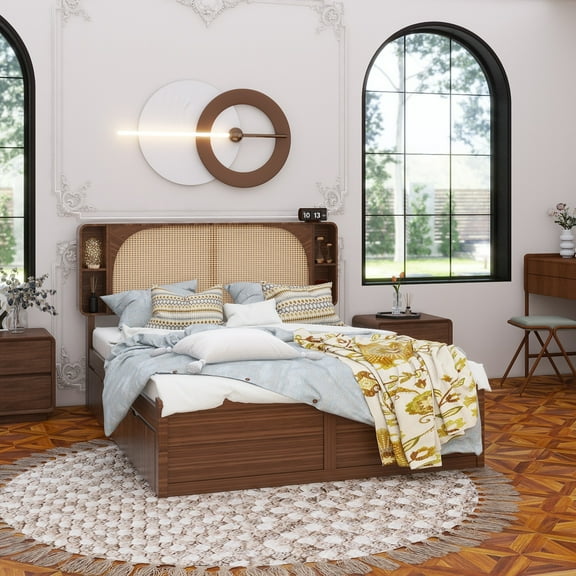 Queen Size Rattan Headboard Bed with Two Drawers and Trundle, Walnut