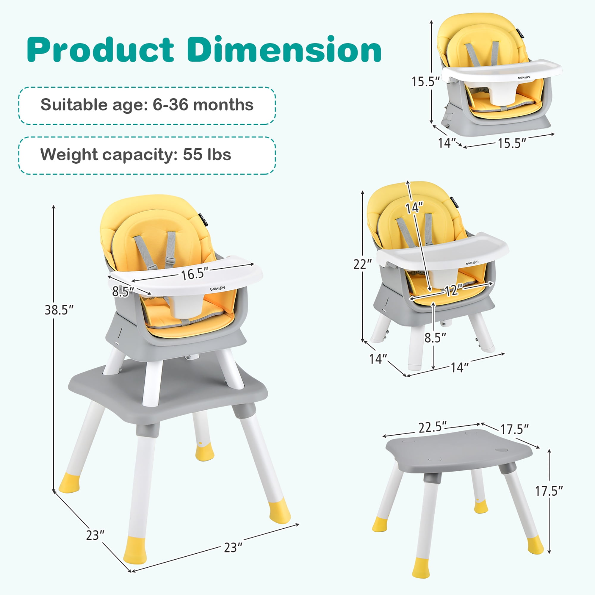 Costway 8-in-1 unisex Baby High Chair Convertible Dining Booster Seat with Removable Tray Yellow