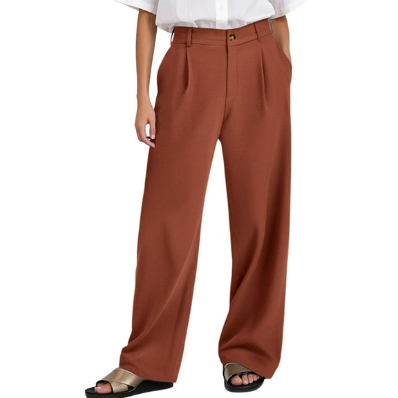 Prolriy Business Casual Pants for Women, Womens Daily Elastic Waist Pockets Straight Solid Color Casual Pants Loose Long Trousers Women's Pants Work Pants Women Brown XL