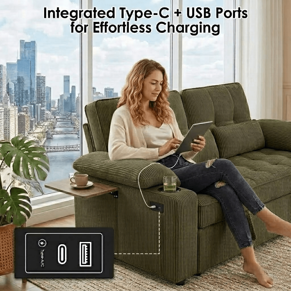 58" Sleeper Sofa Bed, Convertible Pull Out Couch Bed Corduroy Loveseat with Adjustable Backrest, USB Charging Ports, Cup Holders & Foldable Side Table for Living Room Apartment,Green