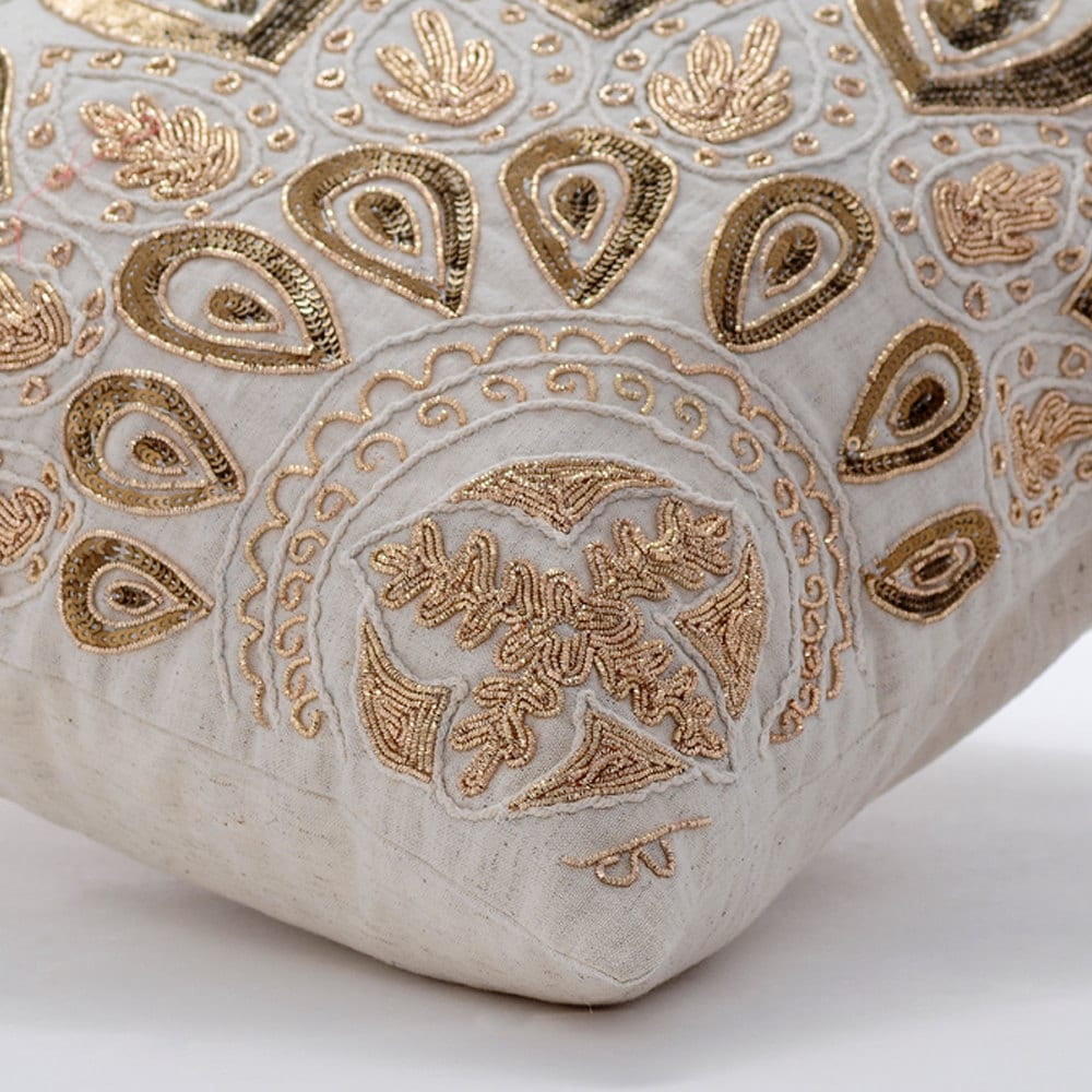 The HomeCentric Cushion Covers Ecru Pillow Cover Zardozi Sequins Ethnic Sparkly Glitter Pillow Cover Pack of 2 18x18 inch (45x45 cm) Cushion Cover Square Cotton Linen Pillow Cover Floral - Gold Charm