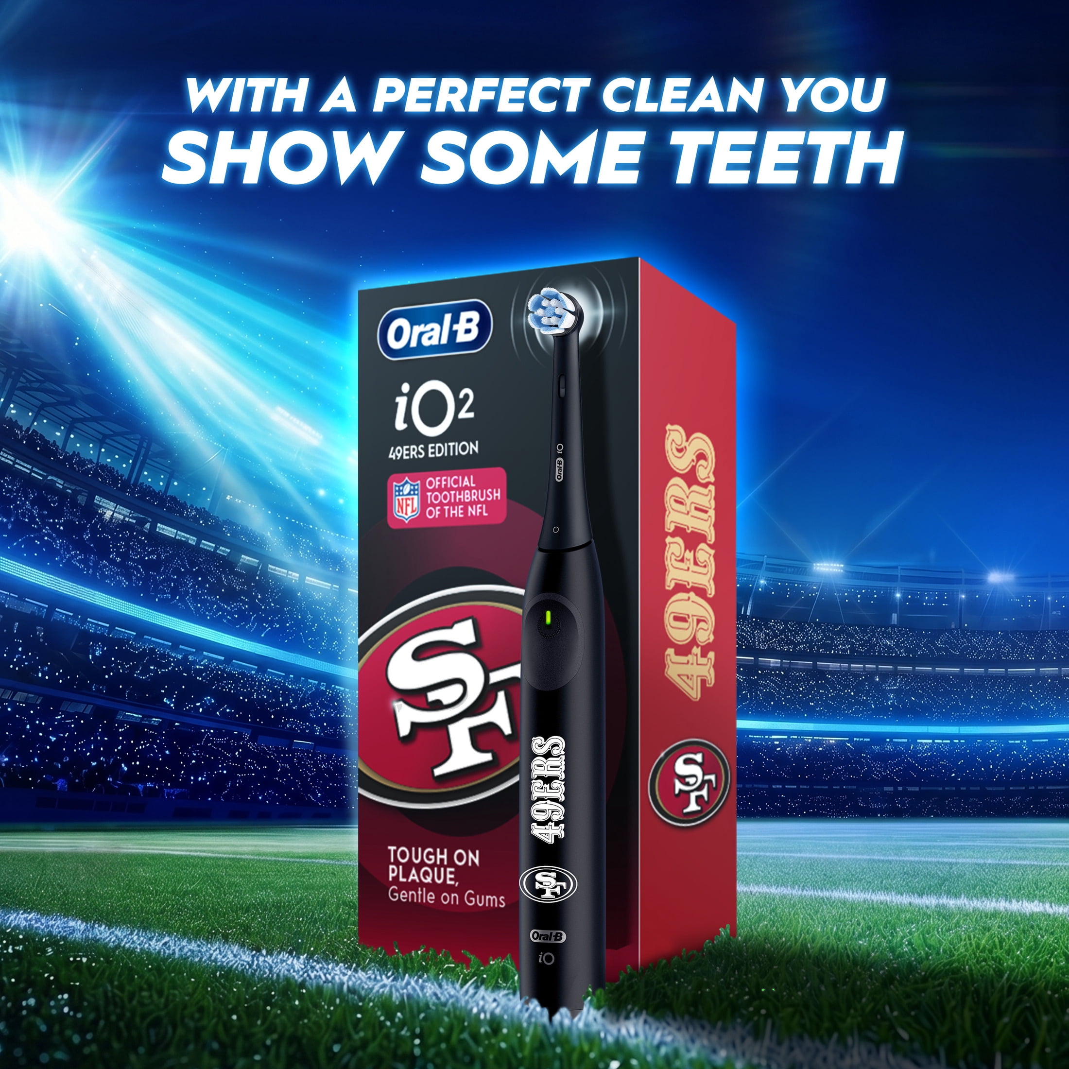 Oral-B Rechargeable Electric Toothbrush,NFL San Francisco 49ers Edition iO2, 3 Cleaning Modes, Automatic Pressure Sensor to Protect Gums
