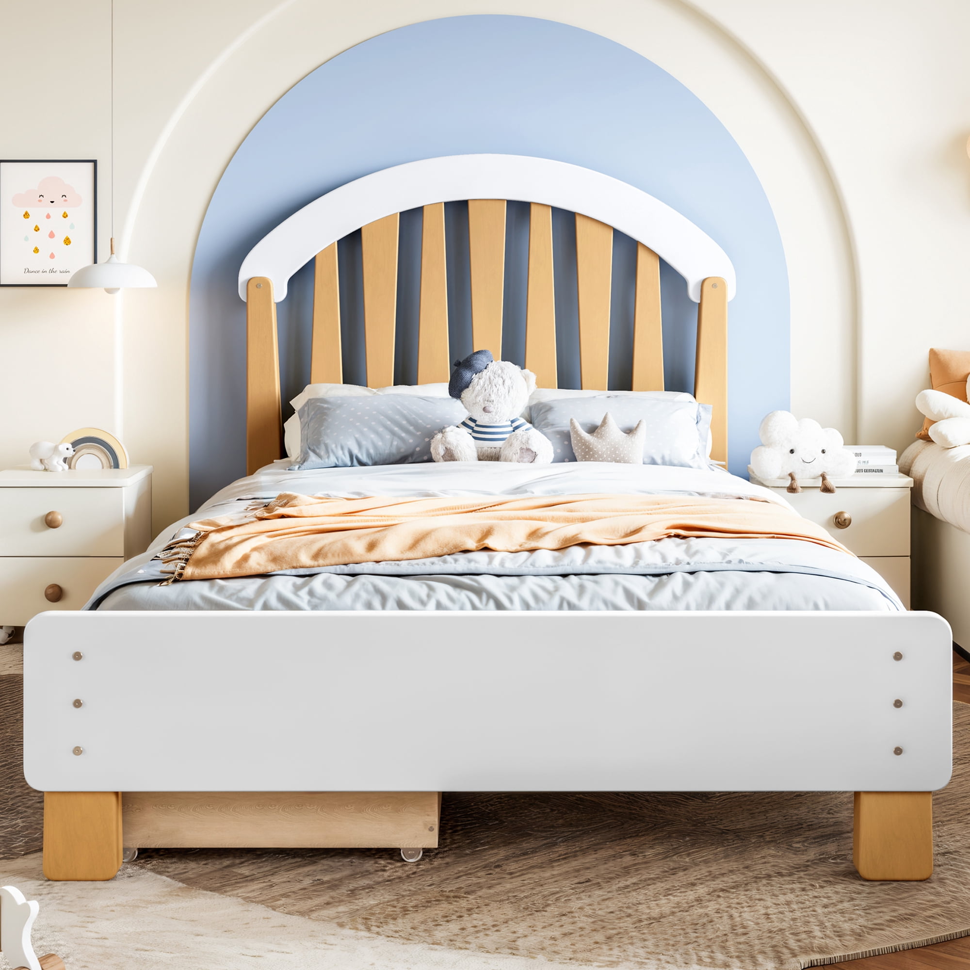Platform Bed with Storage Drawer and Round Headboard, Twin Solid Wood Bed Frame with No Box Spring Needed for Bedroom, White and Natural