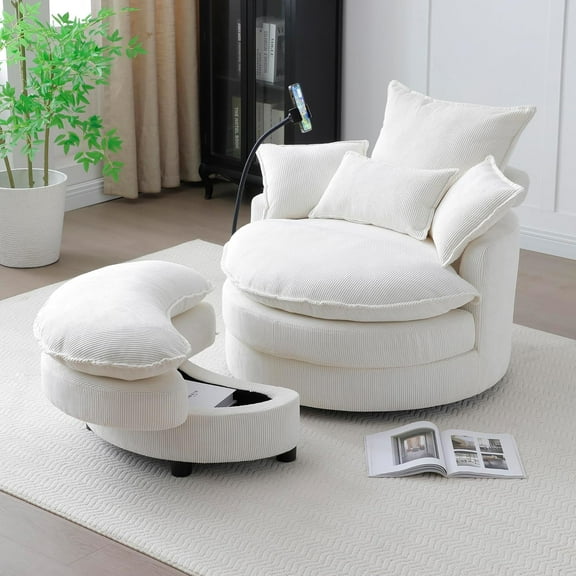 360° Swivel Accent Barrel Chair Modern Comfy Round Reading Sofa Swivel Chairs Circle Lounge Chair for Bedroom Living Room w/4 Pillow Lower Seating Heigh (Beige)