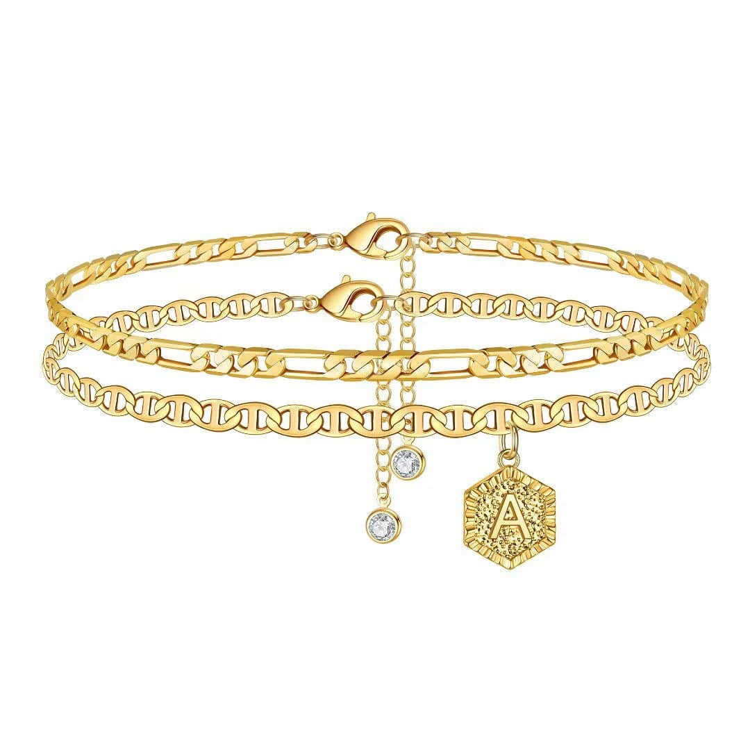 Turandoss Dainty Initial A-Z Ankle Bracelets for Women Trend, 14K Gold Plated Cute Hexagon Double Non Tarnish Layered Letter Anklets Jewelry Personalized Birthday Gifts for Women Teen Girls