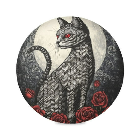

Round Placemat Set 15.4 Inch Diameter Table Mats Heat-Resistant Decorative for Dining Tables Cat and Red Roses