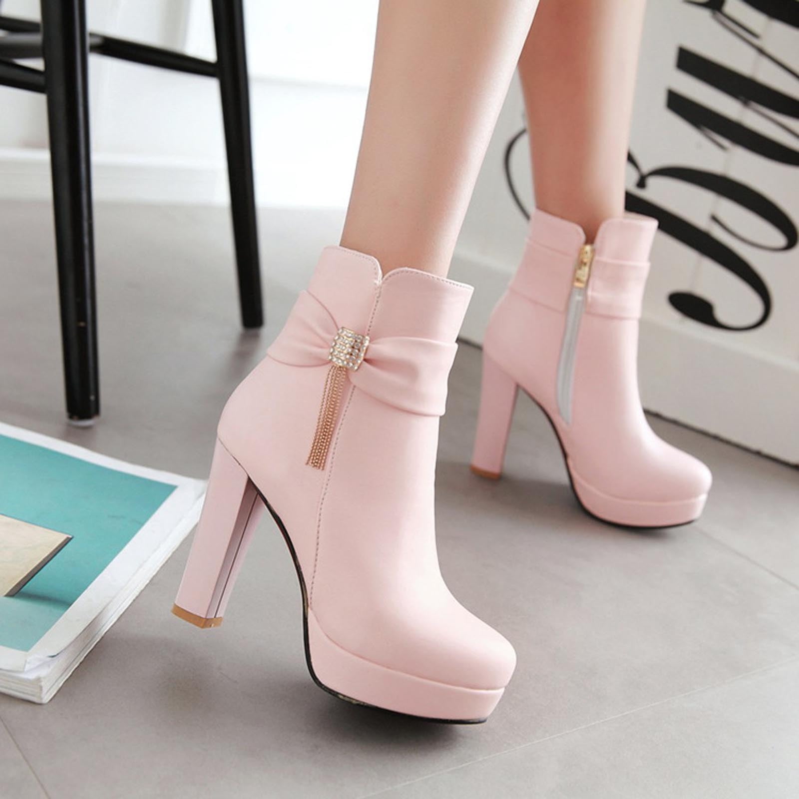 Pink Buckle Design Pu High Heel Women's Fashionable Short Boots For  Autumn/winter | SHEIN USA