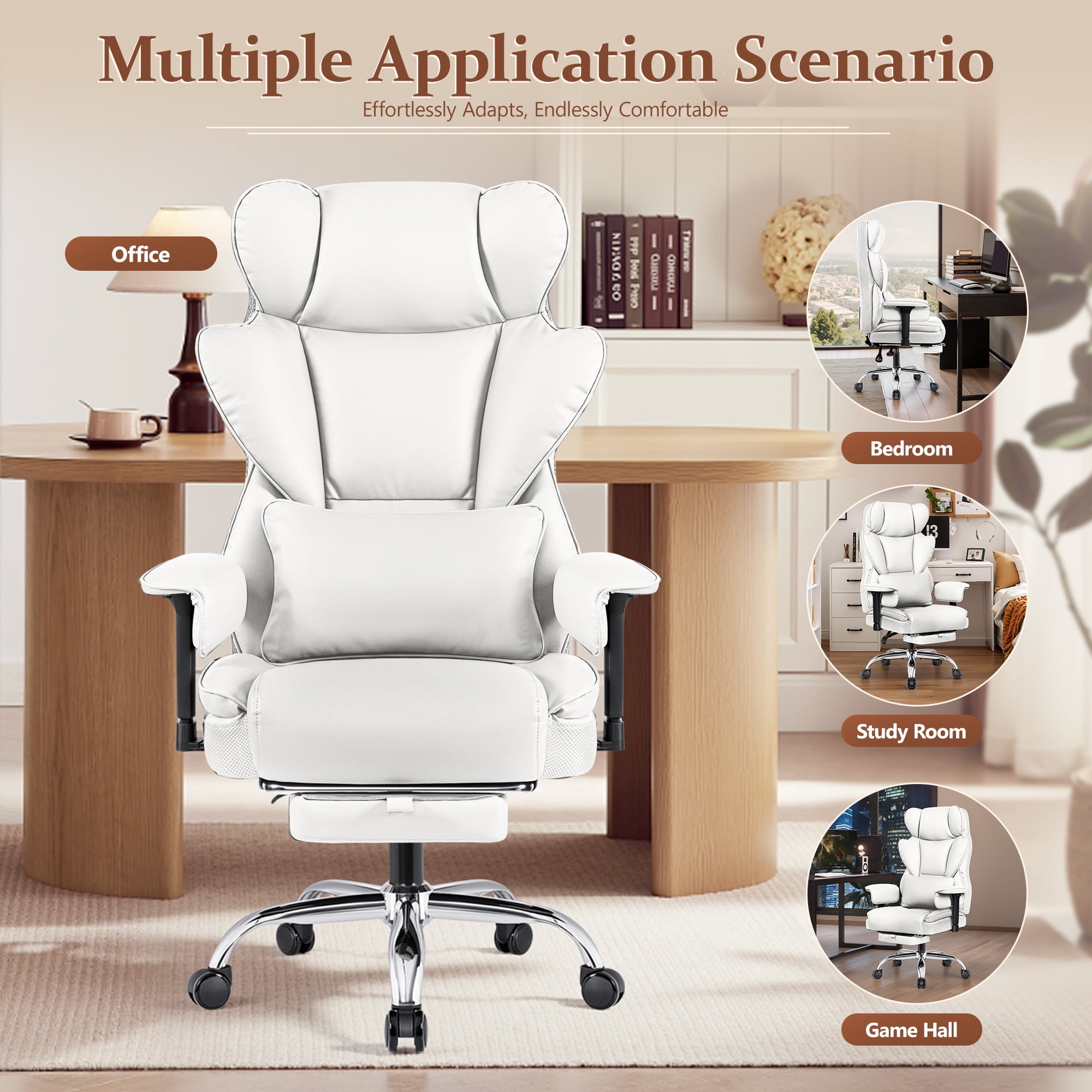 COOLHUT Large Executive Leather Office Chair with Footrest, Ergonomic Reclining Design, High Back and Lumbar Support, Ideal for Big and Tall Users, Perfect for Home Office or Computer Desk Use, White