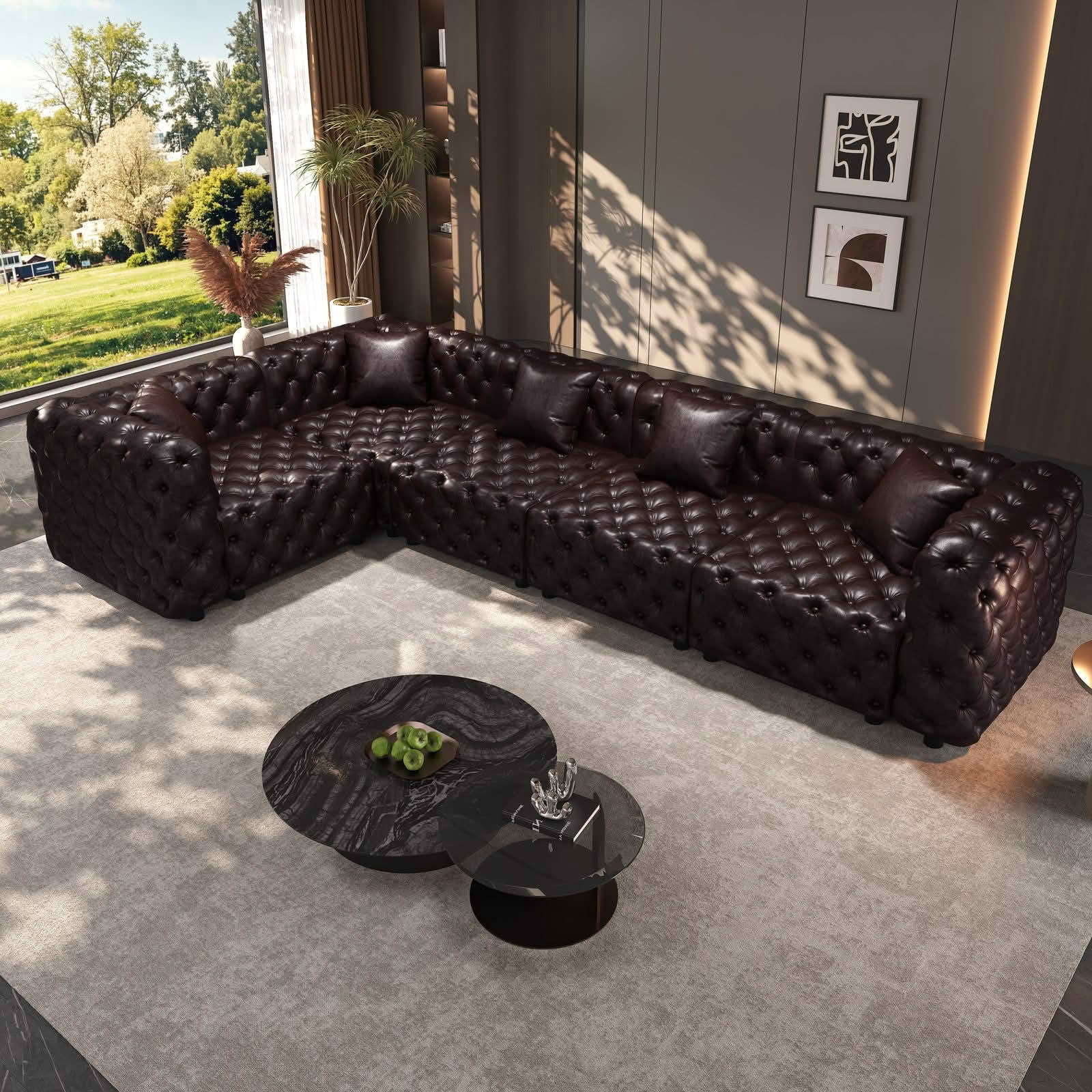 MAYEERTY 132.5" L‑Shaped 5‑Seat Faux‑Leather Modular Sofa, Handcrafted Button Tufted Couch with 5 Pillows for Living Room & Small Apartment