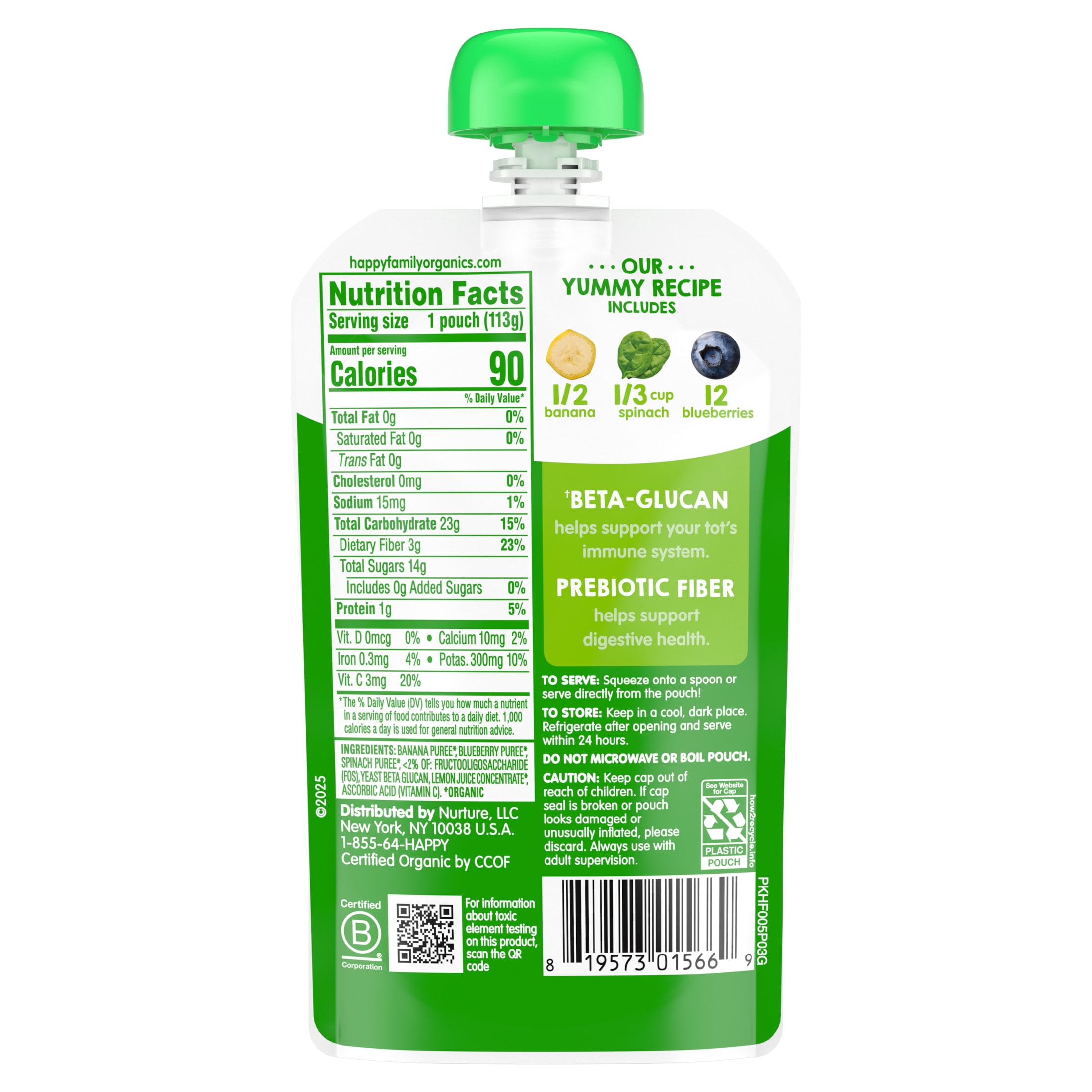 (12 pack) Happy Tot, Stage 4 Organic Baby Food, Bananas, Spinach & Blueberries, 4 oz. Pouch