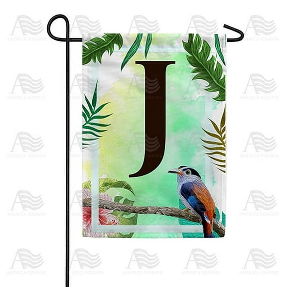 America Forever Tropical Summer Monogram Garden Flag Letter J 12.5 x 18 inches Palm Leaves Hibiscus Coastal Bird Double Sided Vertical Outdoor Yard Lawn Decorative Red Floral Garden Flag