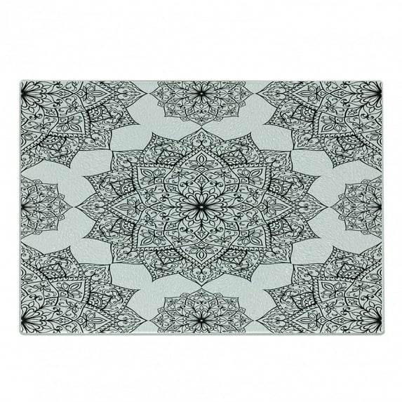 Mandala Cutting Board, Middle Eastern Mosaic Design Secret Body and Mandala Motif Active World Image, Decorative Tempered Glass Cutting and Serving Board, Small Size, Black, by Ambesonne