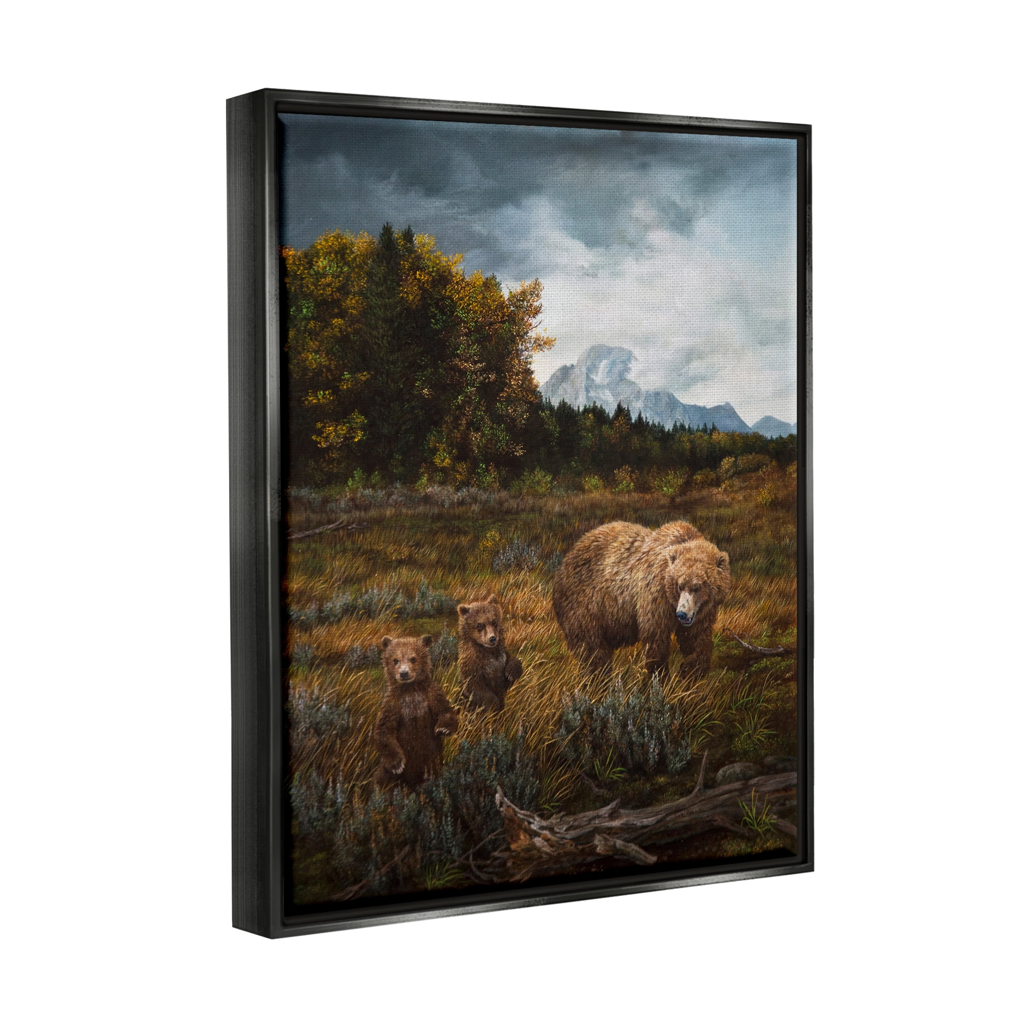 Stupell Industries Bears in Nature Scene Animals & Insects Painting Black Floater Framed Canvas Art Print Wall Art, 17 x 21