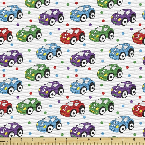 Cars Sofa Upholstery Fabric by the Yard, Boy Toy Pattern with Dots Number 5 Cars for Joyous Play Time, Decorative Fabric for DIY & Home Accents, 3 Yards, Multicolor by Ambesonne