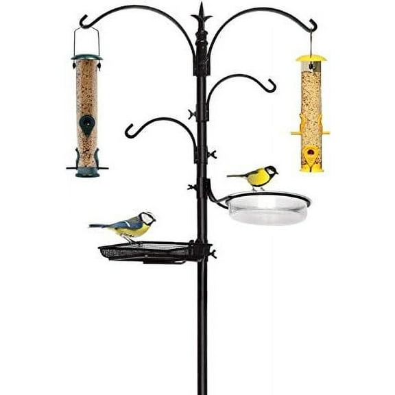 Premium Bird Feeding Station (2 Feeders Included) - Multi Feeder Pole Stand Kit with 4 Hangers, Bird Bath & 5 Prong Base for Outside Wild Bird Attraction - 22" Wide x 91" Tall | Garden &