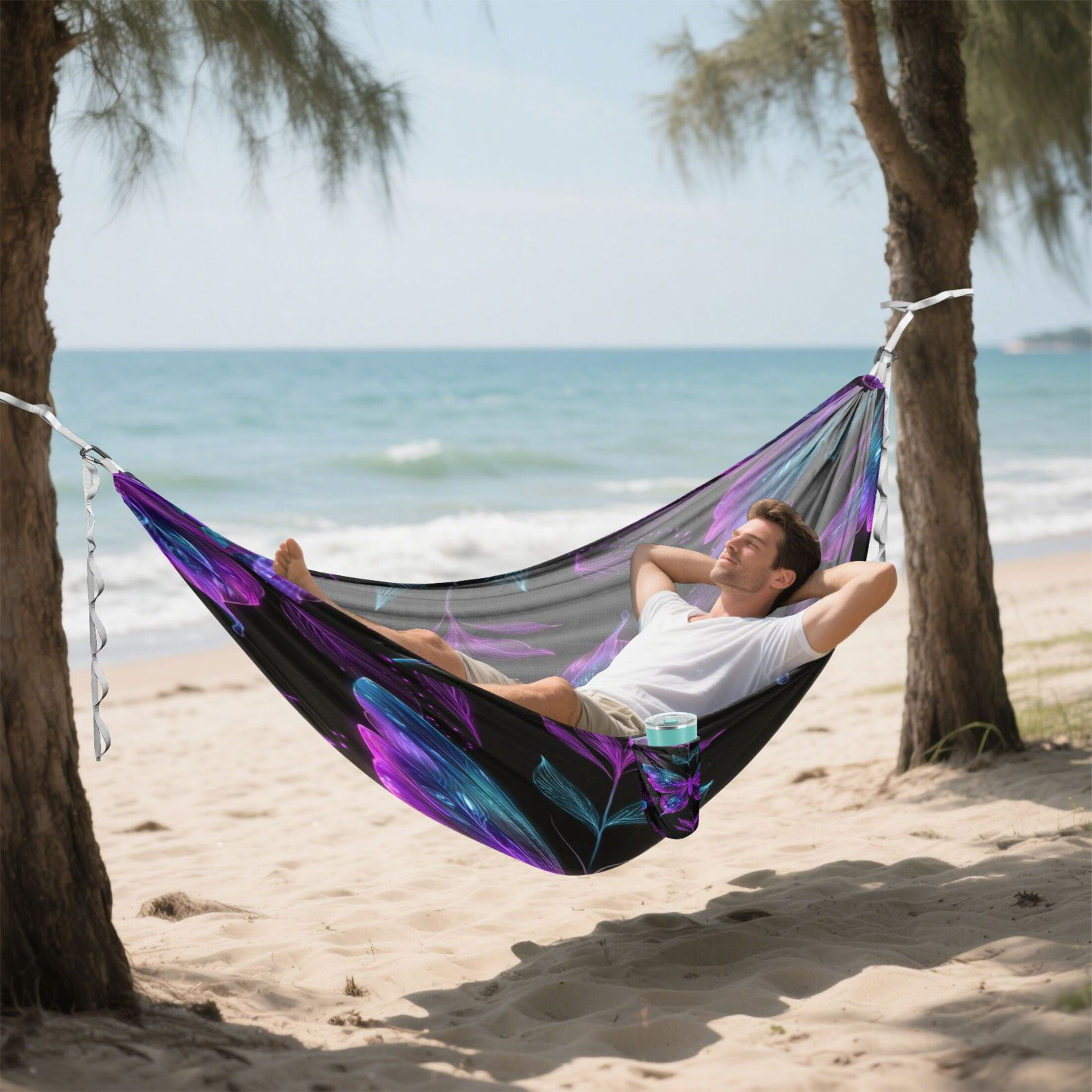 Hanging Hammock Portable Travel Camping For Outdooor Beach Camping Hiking Neon Purple and Blue Butterflies