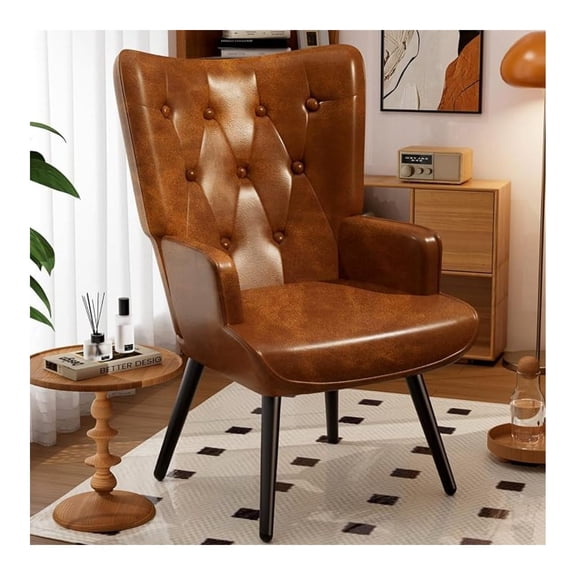XLMD PU Brown Accent Chair, Comfy Upholstered Armchair with Metal Legs, High Backrest Living Room Chair, Wingback Chair for Living Room/Vanity/Bedroom (1)