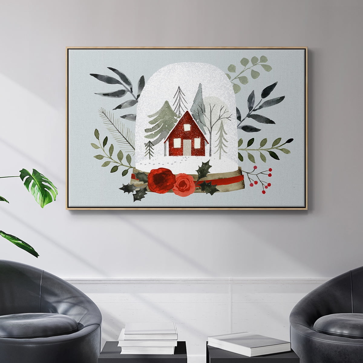 Snow Globe Village Collection A - Framed Gallery Wrapped Holiday Canvas - 25 x 37 - Natural Wood Frame
