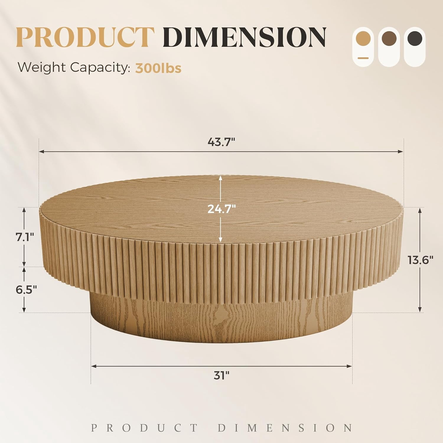 Gelloan 43.7" Olive Shape Wood Coffee Table, Modern Fluted Coffee Table for Living Room, Veneer Handcrafted Relief Tea Table with Sturdy Pedestal,Natural