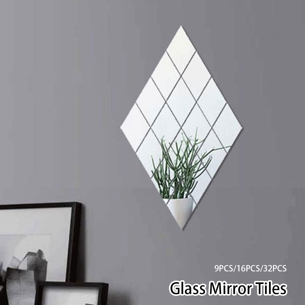 32* Glass Mirror Tiles Wall Sticker Square Self Adhesive Decor Stick On Art/Home 