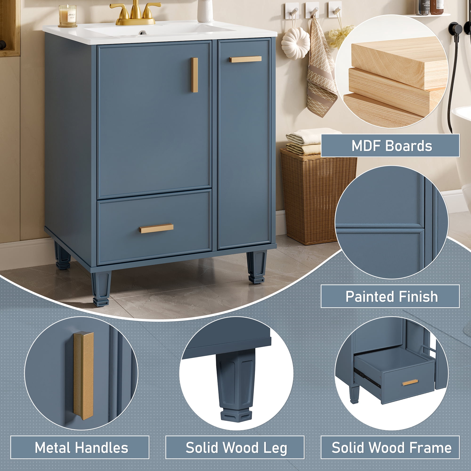 24" Bathroom Vanity with Sink, Modern Bathroom Cabinet with Deep Drawer, 2-Tier Pull-Out Basket, Soft-Close Door, Solid Wood Frame, for Small Bathroom, Powder Room, Grey