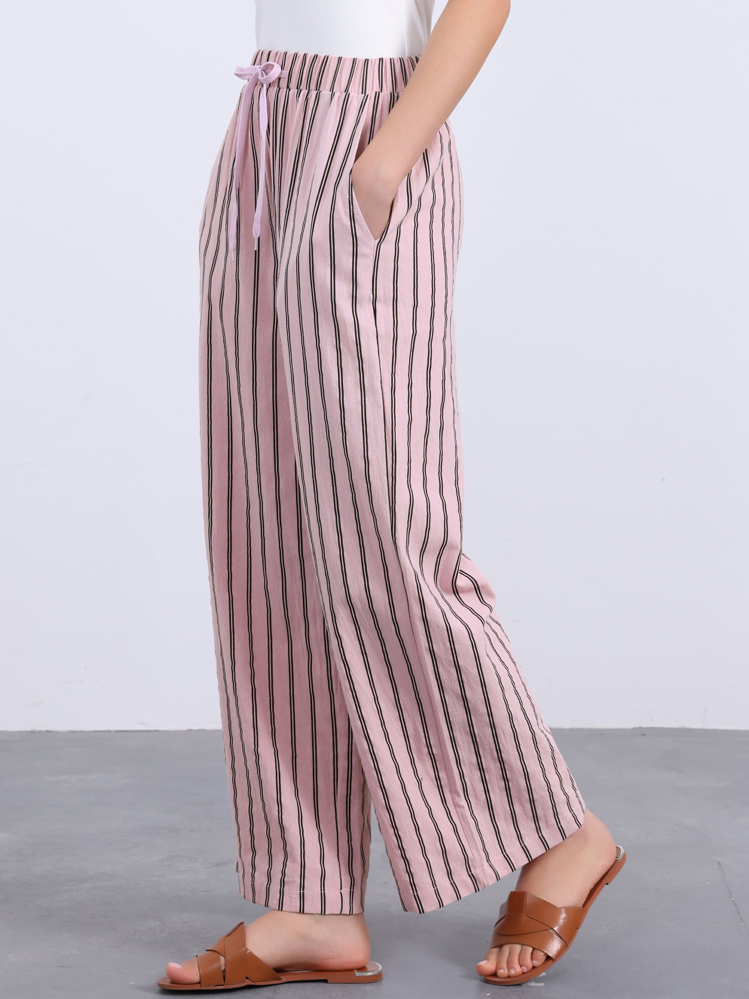 DARING DIVA Women's Stripe Casual Drawstring Wide Leg High Waist Pants L Pink