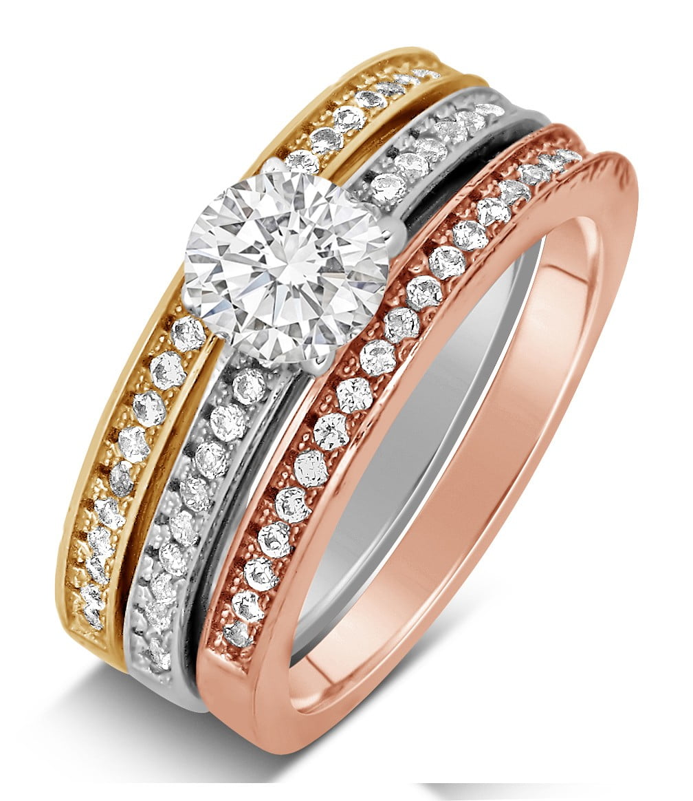 Triostar 14K Rose Gold Finish Mens Womens Diamond Wedding Trio Set Engagement Ring Bridal Band His and Her