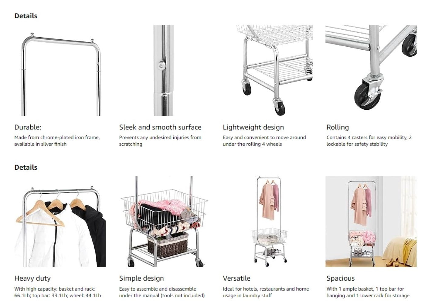 Wire Commercial Rolling Laundry Cart Bulter Garment Rack,Laundry Butler Storage Rack,w/Hanging Drying Rack Wash Basket/Bag Mesh Collapsible Racks on Wheels