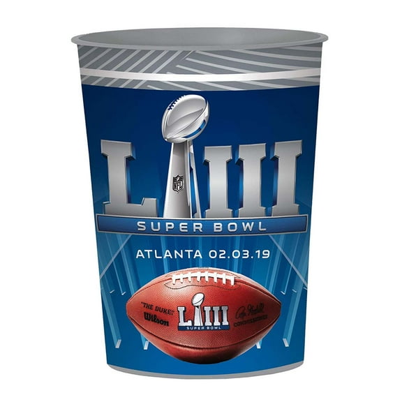 2019 Super Bowl LIII 53 Favor 16oz Football Plastic Reusable Drink Cup, Blue Grey