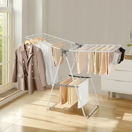 KFFKFF Foldable 2-Tier Clothes Drying Rack, Laundry Rack with Adjustable Height, Sock Clips & 21 Rods, Free-Standing Drying Rack for Indoor and Outdoor Use, White