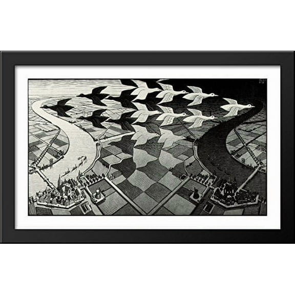 Day and Night 40x24 Large Black Wood Framed Print Art by M.C. Escher