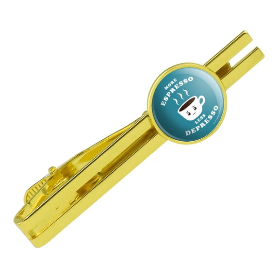 More Espresso Less Depresso Depression Coffee Funny Humor Round Tie Bar Clip Clasp Tack Gold Color Plated