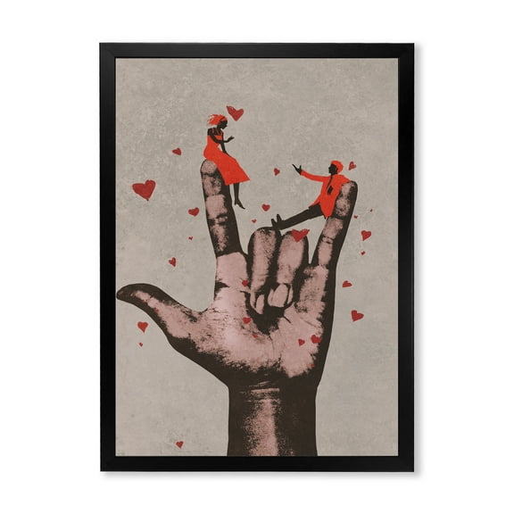 Designart 'I Love You Hand Sign With Romantic Couple' Modern Framed Art Print