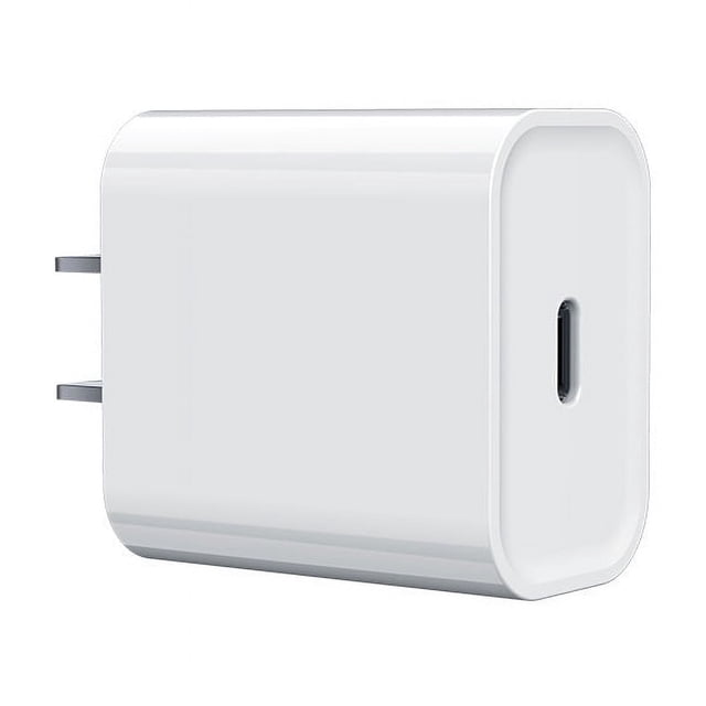 adecuado para el cargador del cabezal de carga del teléfono móvil de apple, cabezal de carga rápida de 20 w, cabezal de carga rápida de apple — adaptador de pared blanco, vista 3/4 frontal con puerto USB‑C, clavijas planas y bordes redondeados, acabado brillante; a menudo usado para cargar dispositivos móviles durante viajes.