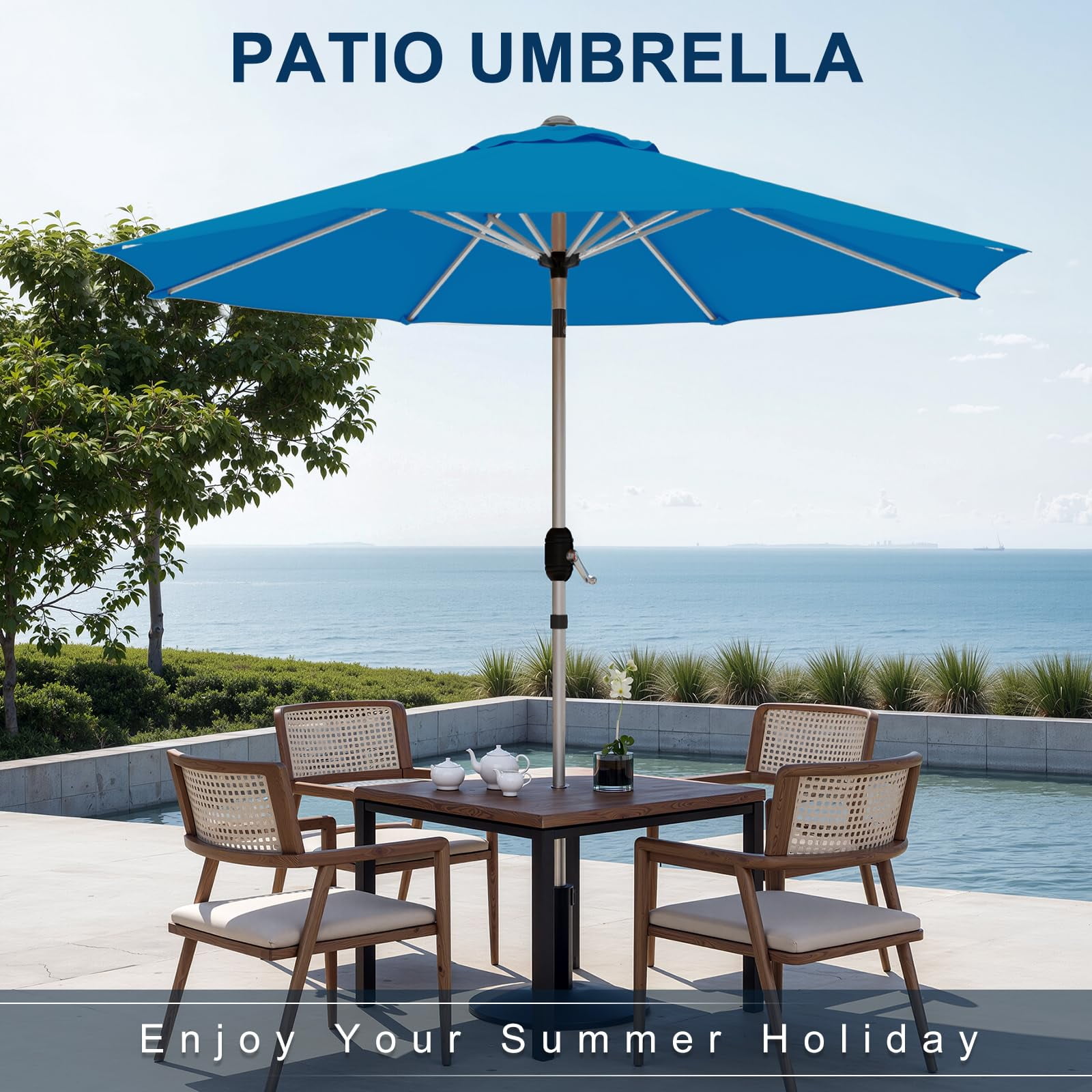 9FT Aluminum Outdoor Patio Umbrella, Fade-Resistant Market Umbrella with Push Button Tilt Function, 8 Sturdy All-Aluminum Ribs for Gardens, Patios, Backyards & Pools (Royal Blue)