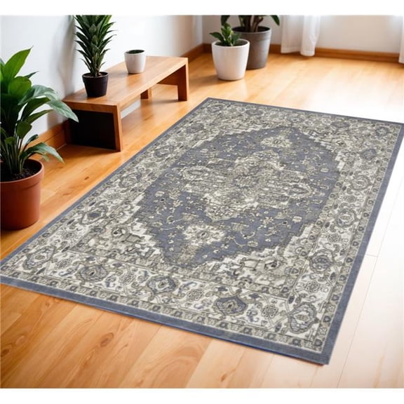 HomeRoots 545149 4 x 6 ft. Medallion Power Loom Distressed Rectangle Area Rug, Blue & Ivory