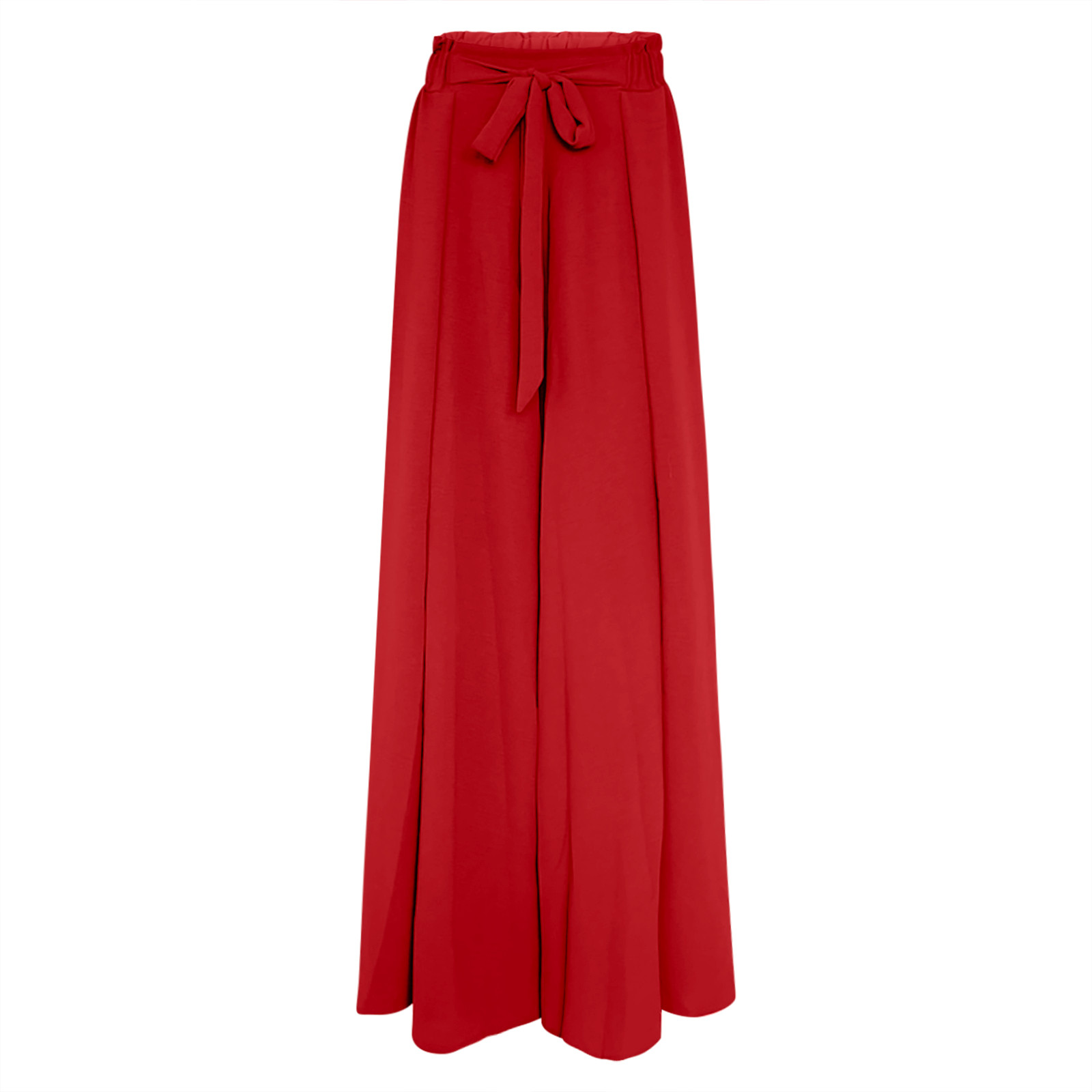 Women Boho Pleated Wide Leg Pants Solid Ruffle Bow Tie Elastic High Waist  Split Flowy Culottes Palazzo Dress Pants Office Beach(S,Red) 