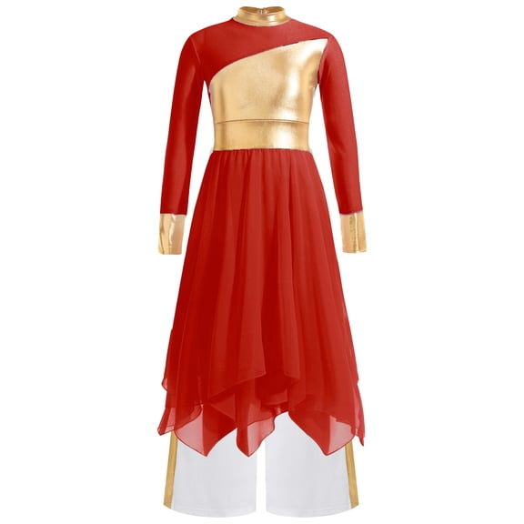 Doomiva Kids Girls Praise Dance Swing Dress Metallic Gold Asymmetric Liturgical Tunic with Worship Wide Leg Pants Red&White 14